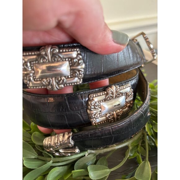 Vintage Brighton Leather Belt, Embossed Alligator Print leather, Concho Silver O - Picture 5 of 13